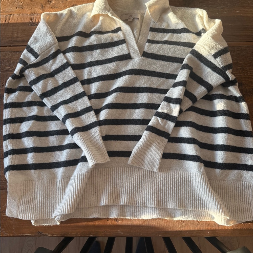 LOFT Black and Cream Striped V-Neck Sweater